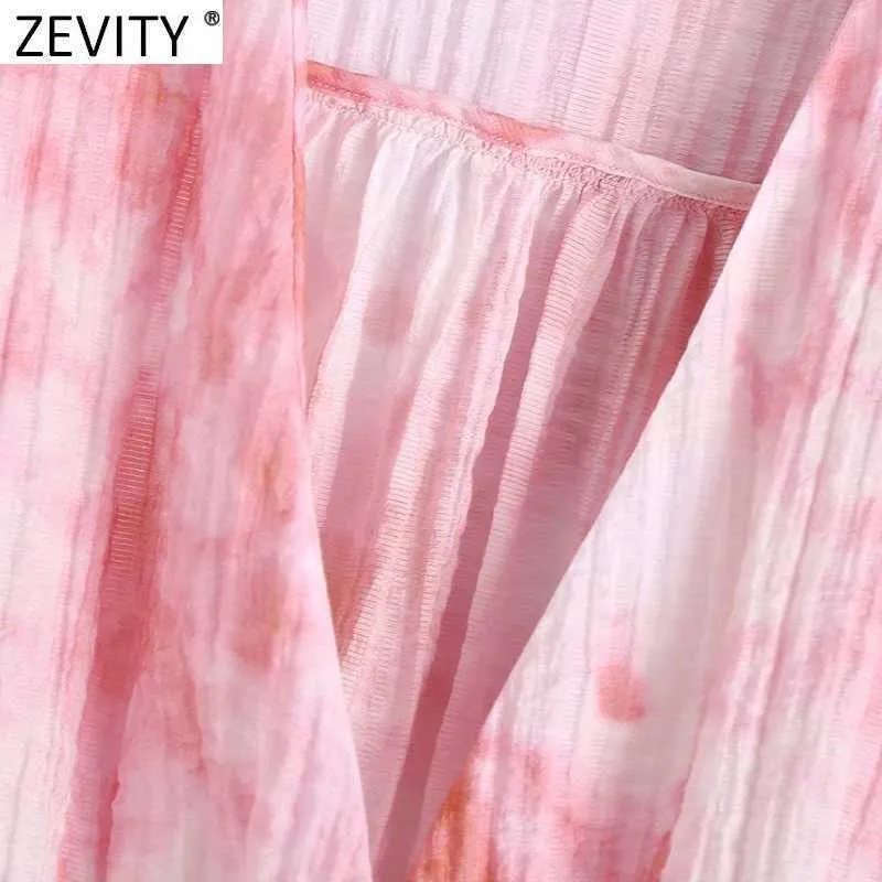 Zevity Women Vintage Vネックピンクティー染め印刷ショートスモックブラウス女性着物シャツシックスリムブルスクロップトップスLS9281 210603