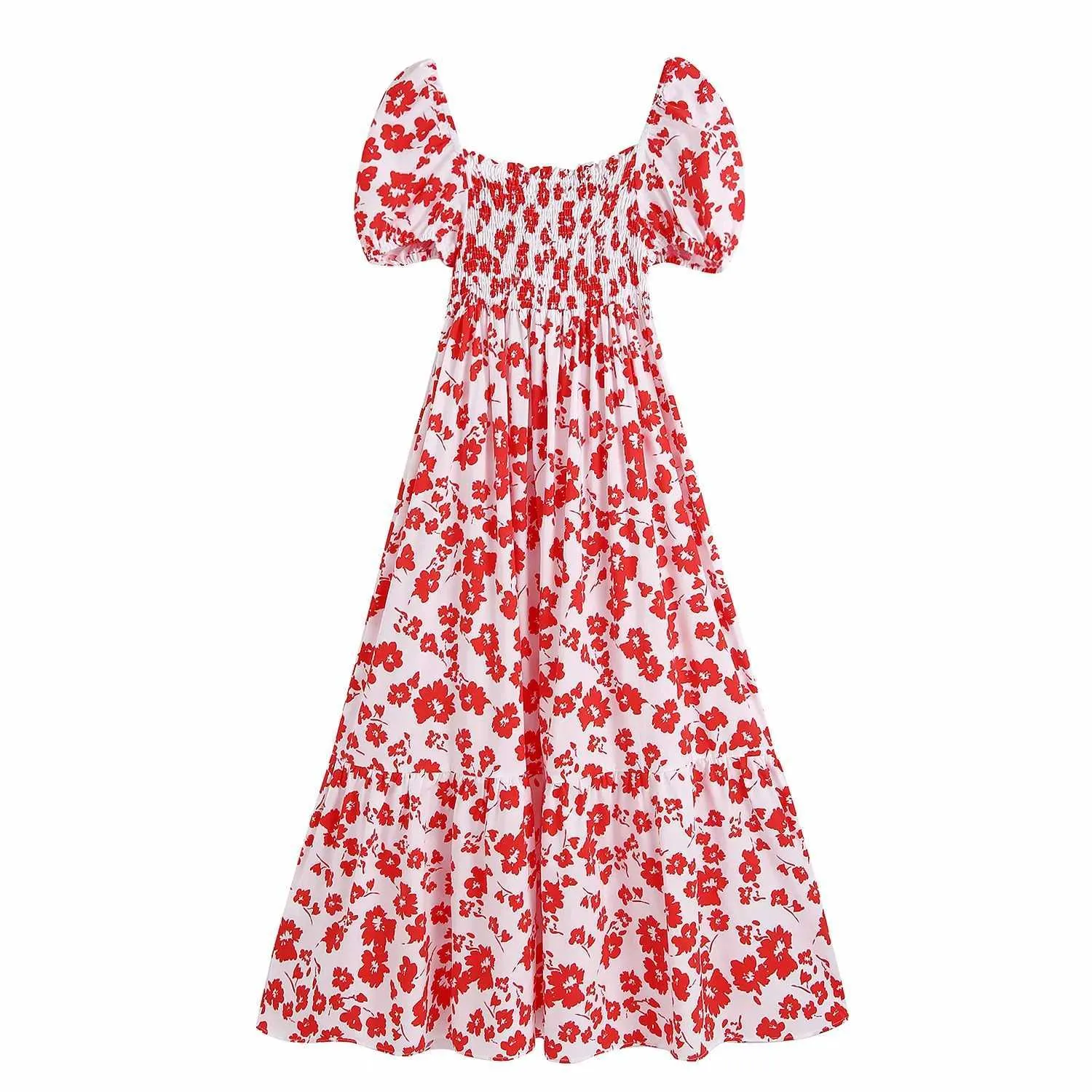 Za Frauen Sommer Rote Blumenkleider Vintage Print Casual Kurzarm Square Neck Shirt Kleid Freizeit Urlaub Langer Rock 210602