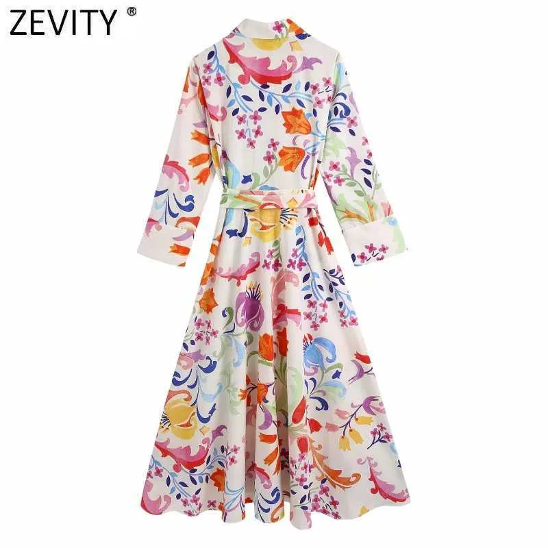 Zevity Mulheres Totem Vintage Floral Impressão Curva Sashes Midi Camisa Vestido Feminino Chique Três Quarter Sleeve Casual Slim Vestidos DS8361 X0705