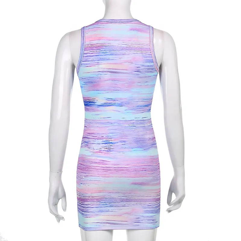 Tie Dye Printed Y2k Casual Summer Women's Dress Vintage Bodycon Sleeveless Short Party Light Dresses Mini Beach Sundress 210510