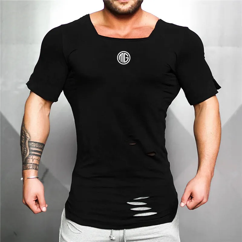 Coton hommes T-shirt Vintage déchiré trou T-shirt mode haut décontracté T-shirt Hip Hop vêtements de sport Fitness T-shirt mâle 220304