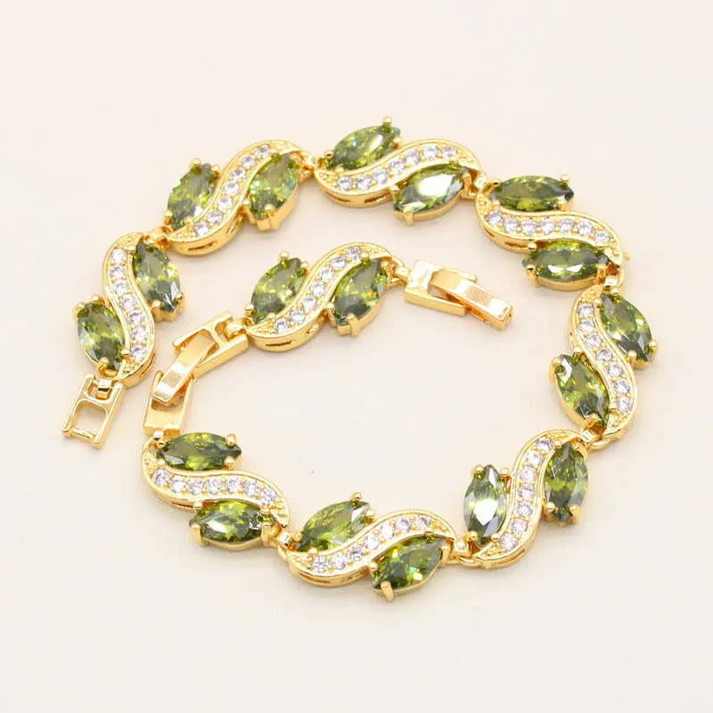 Geometrische Goud Kleur Sieraden Set voor Vrouwen Olive Green White Zirkoon Armband Oorbellen Ketting Hanger Ring Bruiloft Gift 4 Stks H1022