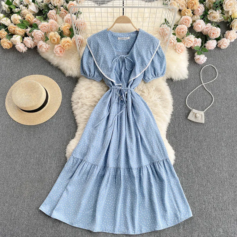 Singreiny Women Polka Dot Dress Sweet Korean V Neck Puff Sleeve Ruffles Klänningar Sommar Bohemian Print A-Line Midi Long Dress 210419