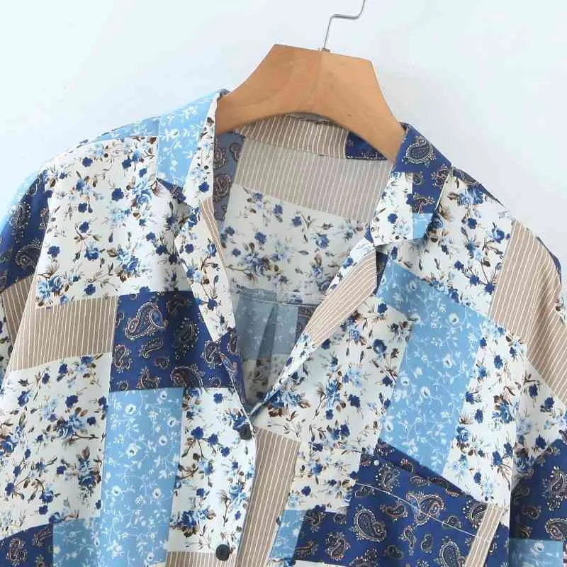 Mode Vrouwen Paisley Patchwork Afdrukken Korte Blouse Vrouwelijke Enkele Pocket Knoopt Shirt Casual Losse Losse Tops Blusas S8713 210430