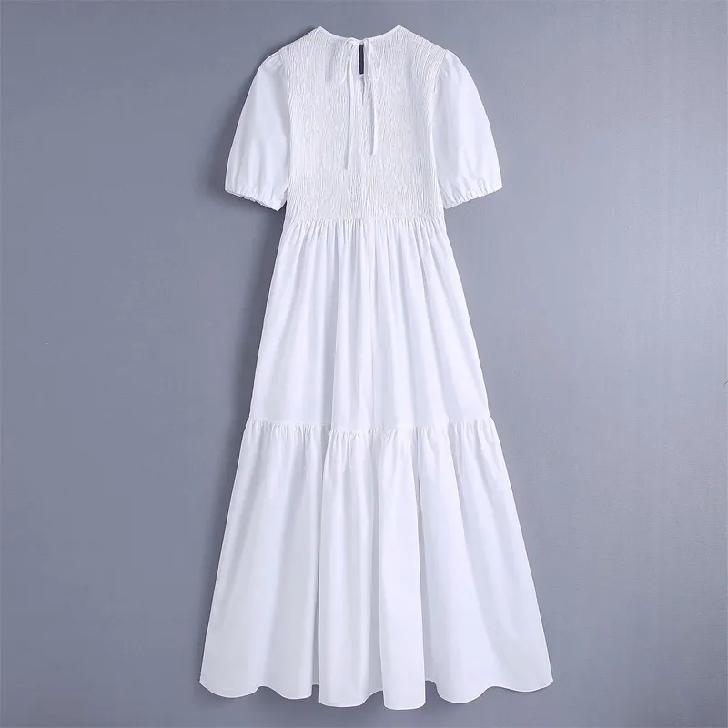 Vuwwwyv White Smock Plised Midi Sukienka Kobiety Lato Slim Urodziny Party Kobieta Krótki rękaw Puff Elastyczne Vestidos 210430