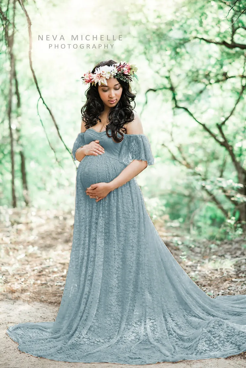 Vestidos de maternidade renda mulher grávida arrastar cauda de manga curta macacão longa saia longa fotografia vestido