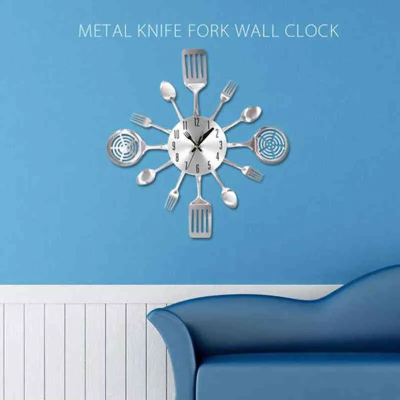 Bestek ontwerp wandklok metalen mes vork lepel keuken klokken creatieve moderne home decor unieke stijl muur horloge zilver H1230