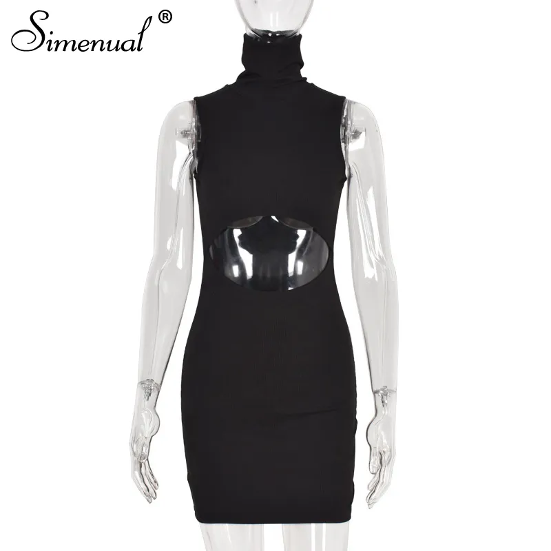 Simenual Sleeveless Ribbed Cut Out Bodycon Dress For Women Sexy Baddie Clothes Night Club Turtleneck Party Mini Summer Dresses X0521