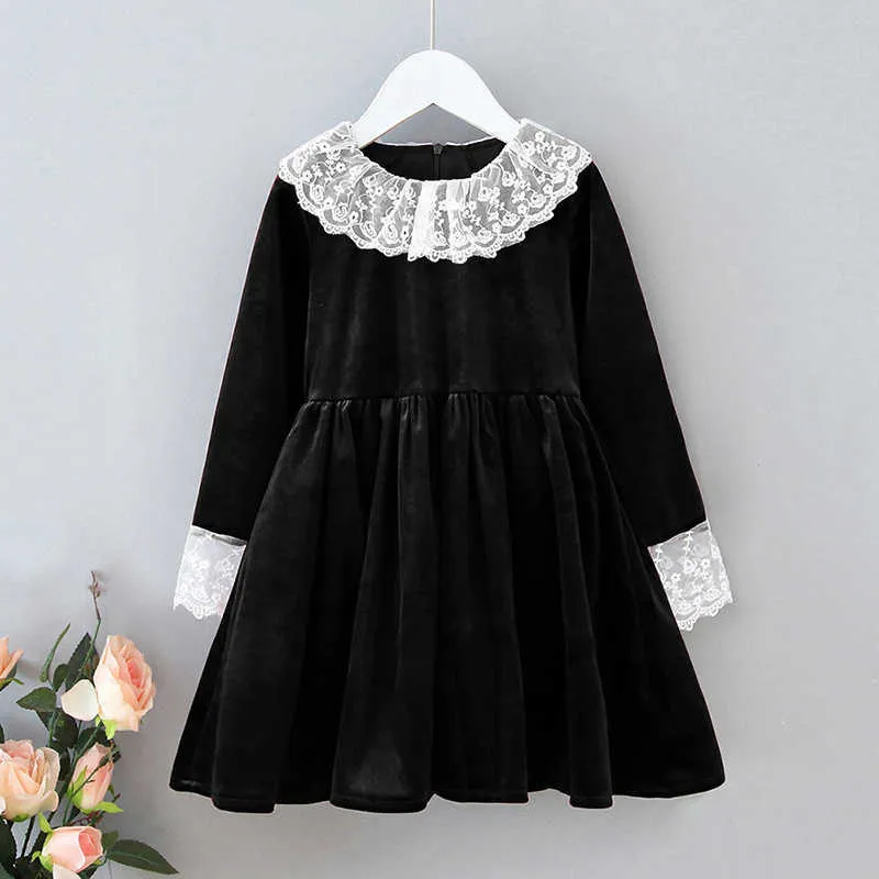 Meninas vestido Marca Europeia Americana Roupas Infantil Gold Velvet Bebê Menina Ocidental Lace Princess 210611