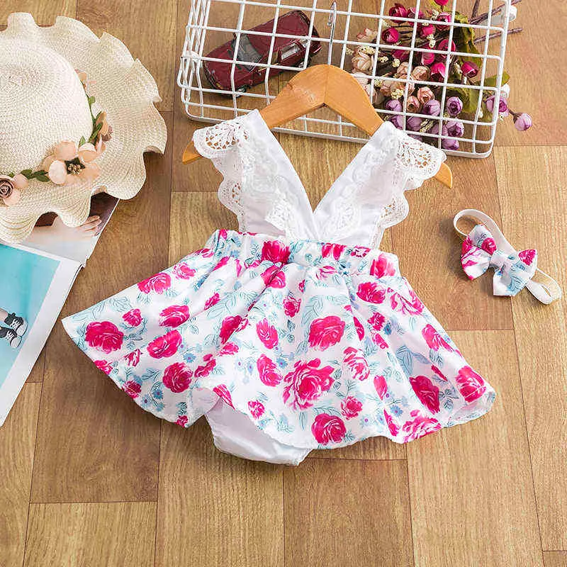 Infant Baby Girls Floral Clothes Set Summer Lace Rose Print Jumpsuit+Headband Backless Sunsuit Cute born Ruffle Romper 211101