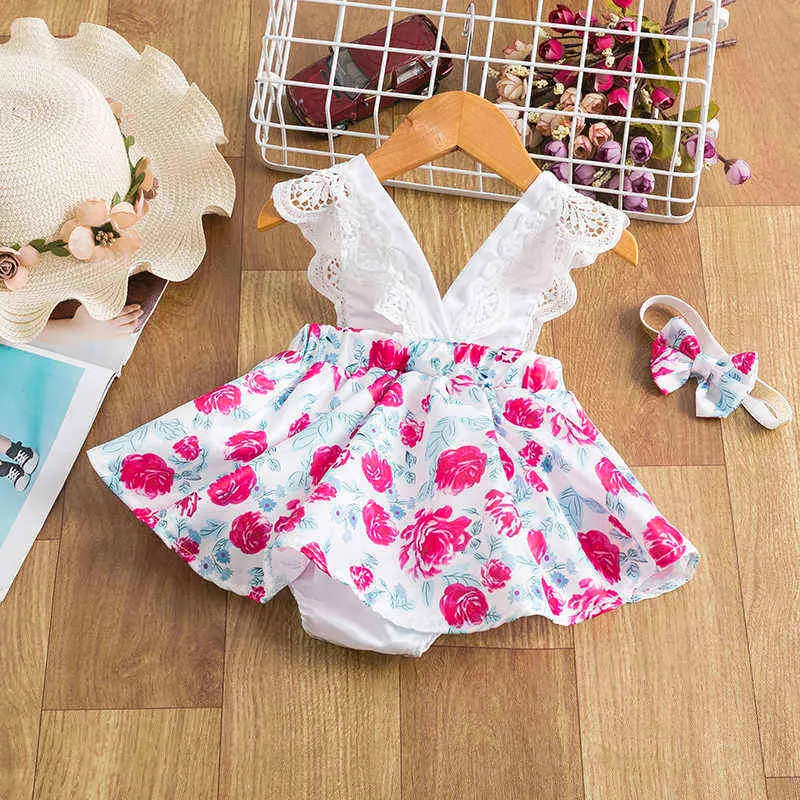 Spädbarnsflickor Floral Clothes Set Summer Lace Rose Print Jumpsuit + Headband Backless Sunsuit Cute Born Ruffle Romper 211101