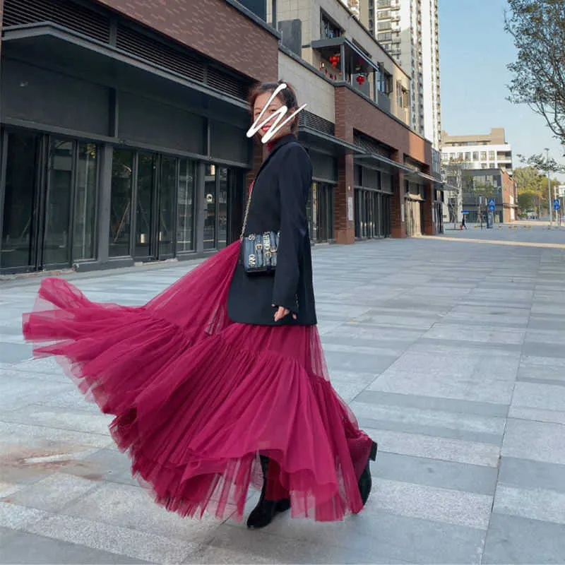 Jupe plissée en tulle pour femme maille noire taille haute Maxi jupes longues Faldas Mujer Moda Jupe Vintage Q663 210527