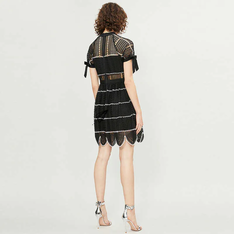 [DEAT] Summer Fashion Stand-up Collar High Waist Short Sleeve Splicing Temperament Elegant Dress Women 13D201 210527