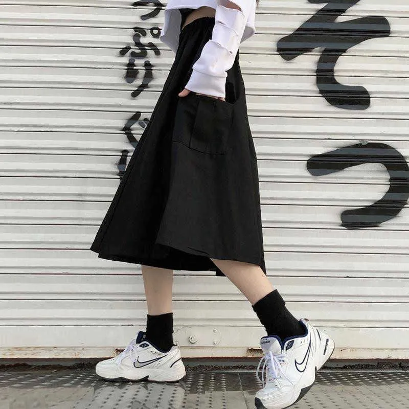 Gothic Black High Elastic Waist Harajuku Long Skirt Korean Casual Women Big Pocket Cargo Midi skirt Vintage Hip Hop Streetwear 210619