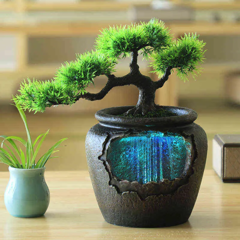 Creativo interior resina maceta que fluye agua cascada estatua Feng Shui es LED cambio hogar jardín simulación artesanías 211108