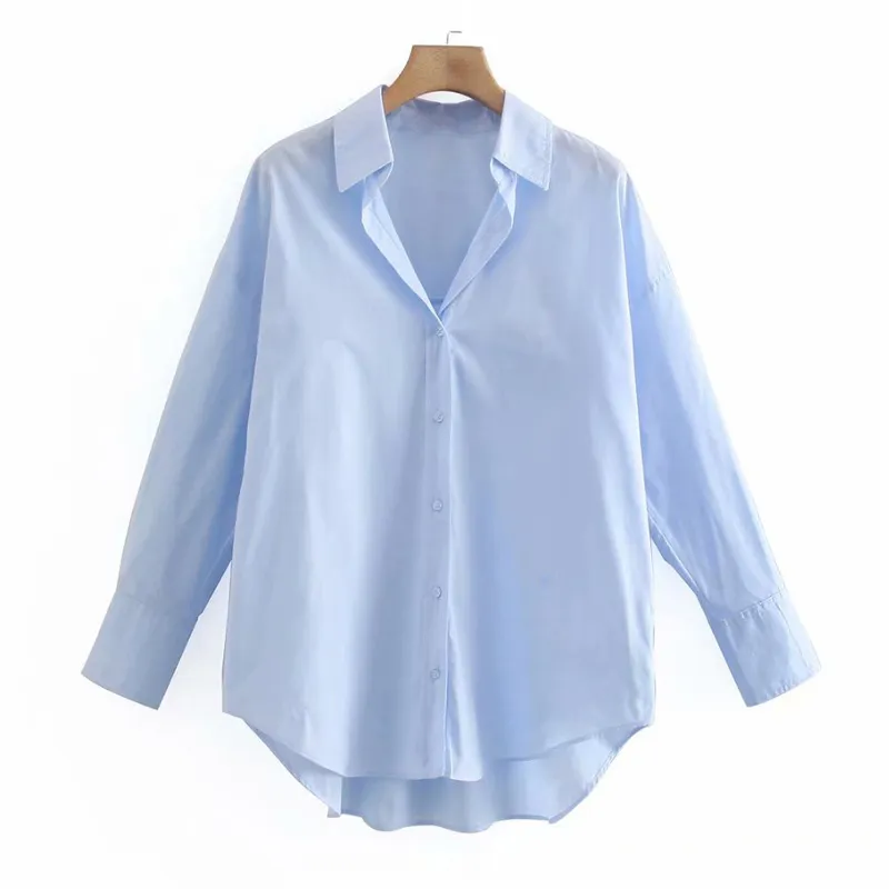 Camicia oversize in popeline blu Donna Estate Moda Streetwear Bottoni Camicie donna Manica lunga Orlo asimmetrico Top donna 210430