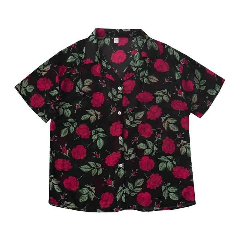 Kimutomo Rose Print Blouse Summer Hong Kong Style Retro Holiday Wind Thin Chiffon Shirt Women Short Sleeve Casual Top 210521