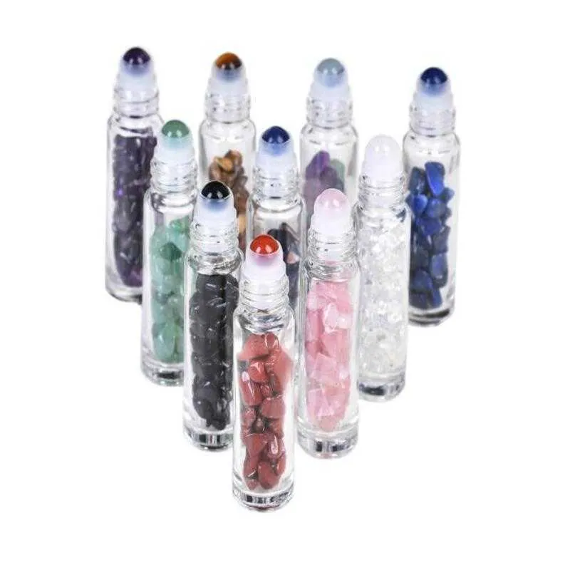 Diffuseur d'huile essentielle 10 ml en verre transparent sur des bouteilles de parfum avec cristal naturel écrasé, pierre de quartz, boule à rouleau en cristal, vente en gros