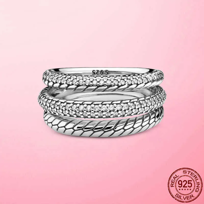 Anello in argento sterling 925 con motivo a catena a forma di serpente con pavé a tripla fascia, regalo di fidanzamento matrimonio da donna