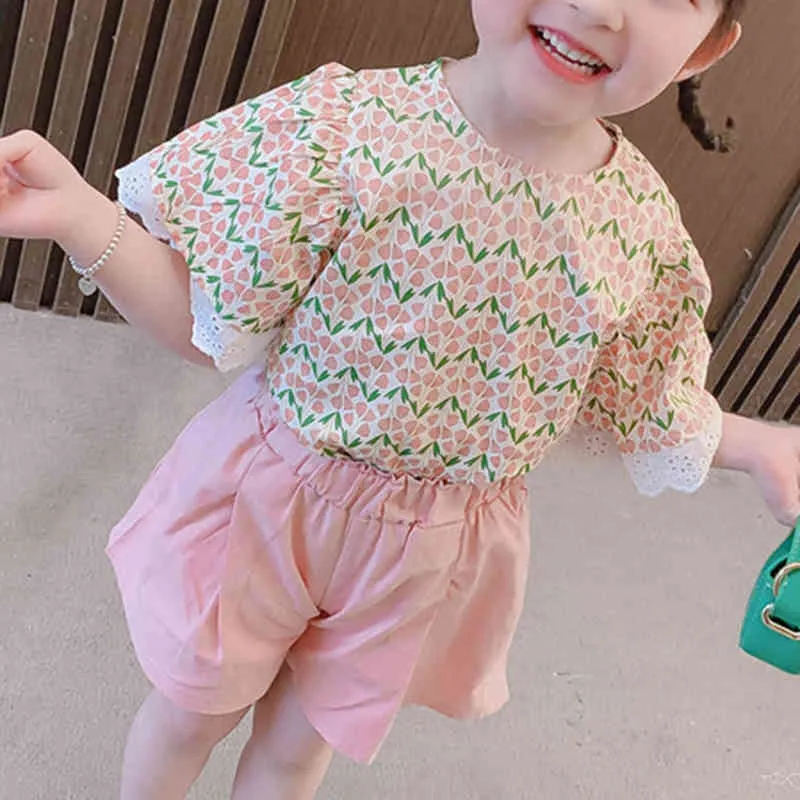 Zestaw dziecięcy Lato z krótkim rękawem Drukowane Top + Solid Color Shorts 2-częściowy Moda Dziewczyna Odzież 210515