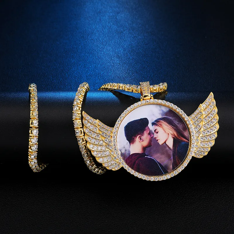 Ailes de Photo sur mesure glacées Bling cubique Zircon collier pendentif pour hommes bijoux Hip Hop avec chaîne de Tennis