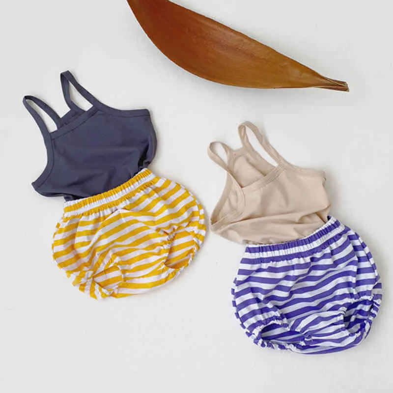 Sommar solid färg Camisole Striped shorts för spädbarn och flickor kläder tvådelad casual toddler baby kostym 210515