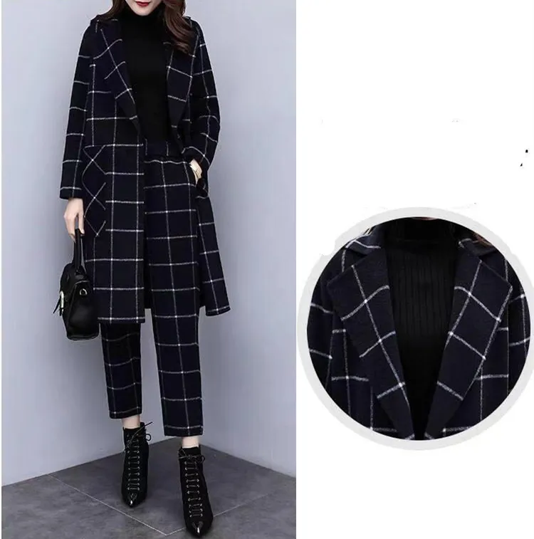 Winter Black Woolen Plaid Dwuczęściowy Zestawy Stroje Kobiety Plus Rozmiar Długi Płaszcz i Spodnie Garnituje Eleganckie Biuro Mody 210518