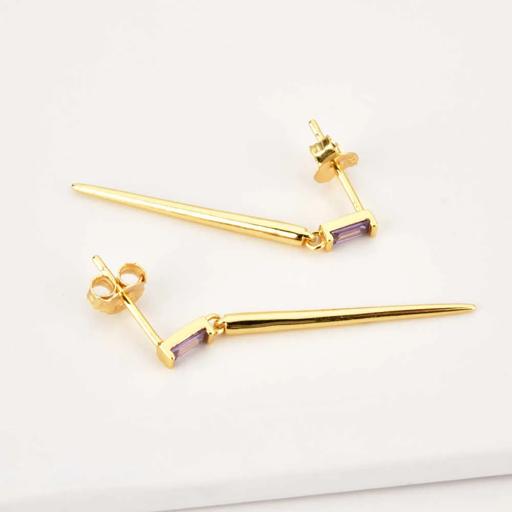 ANDYWEN 925 Sterling Silver Chiaro Viola Zircone Orecchino di Goccia Piercing Lungo Sottile Spike Pendientes Donne Rock Punk Gioielli 210608