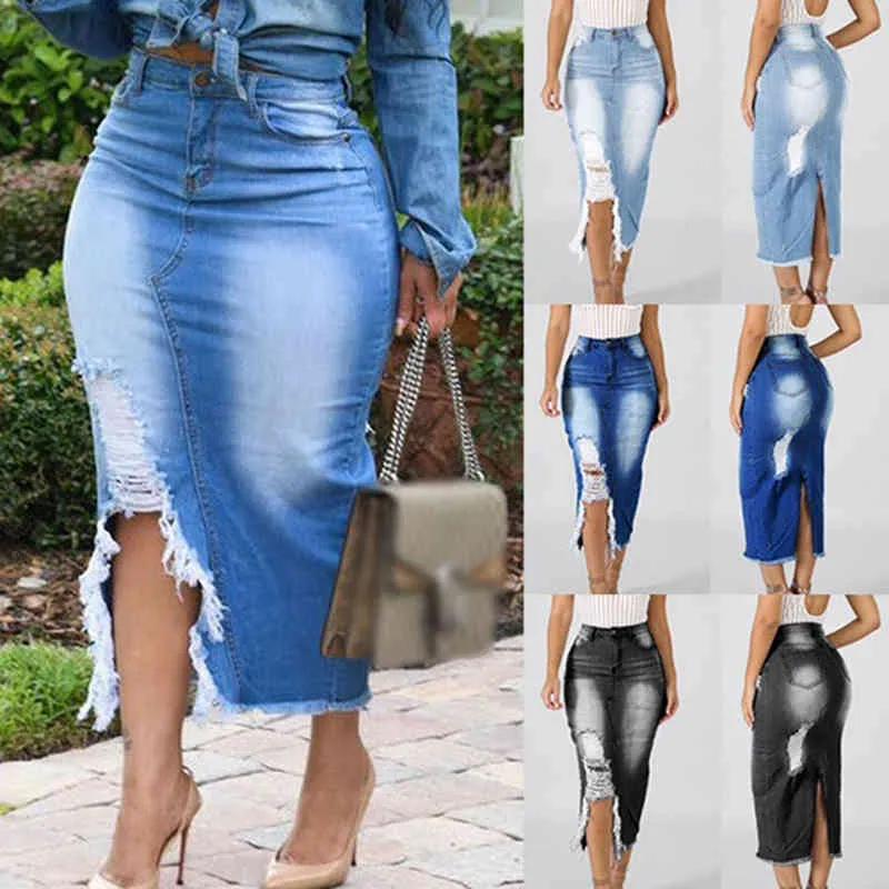 Sexy Denim Rokken Dames 2021 Mode Split Mid Calf Lengte Rokken Vintage Pocket Blue Saia Dames Hoge Taille Midi Rok X0428