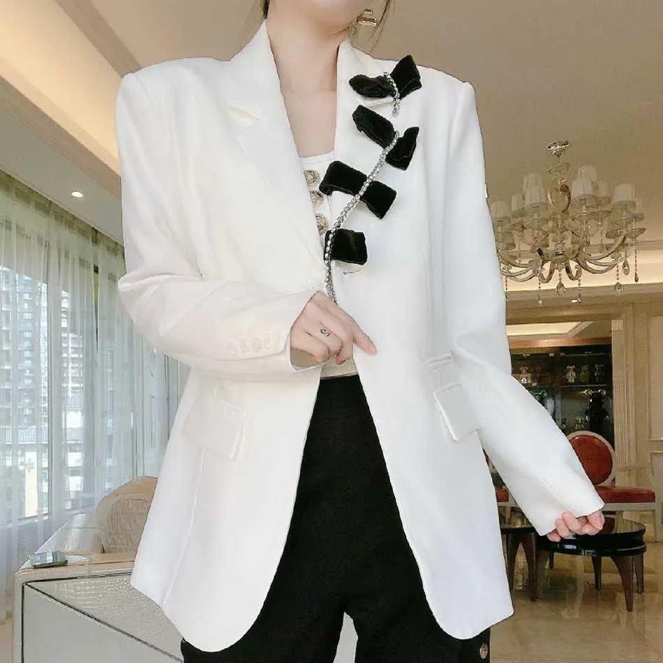 Mode Designer Blazer Jacket Ladies Silver Buckle Bow High Quality V-Neck Sexig Rosa Vit 210527
