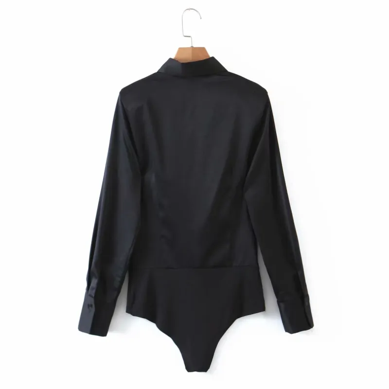 Şık kadın siyah saten omuz ped gömlek bodysuits bahar moda yumuşak taban kadın zarif düğme 210515
