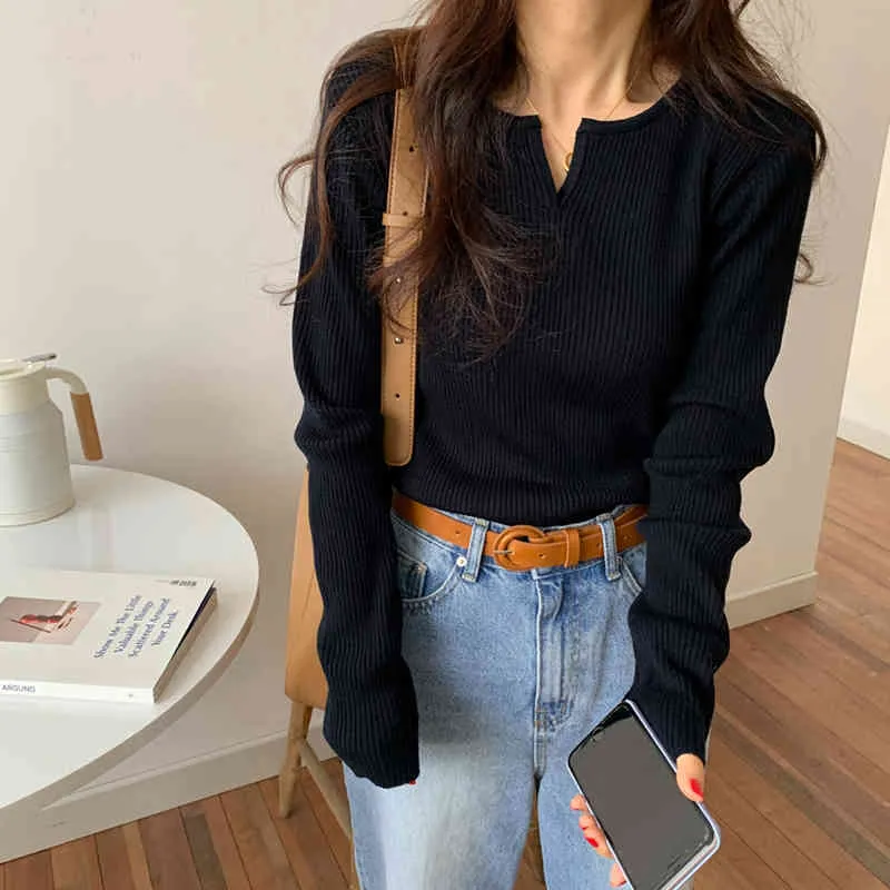 Vintage Solid V-Neck Sweet Causal Clothe Slim All Match Stylish Women Sweater Streetwear Basic Tops 210525