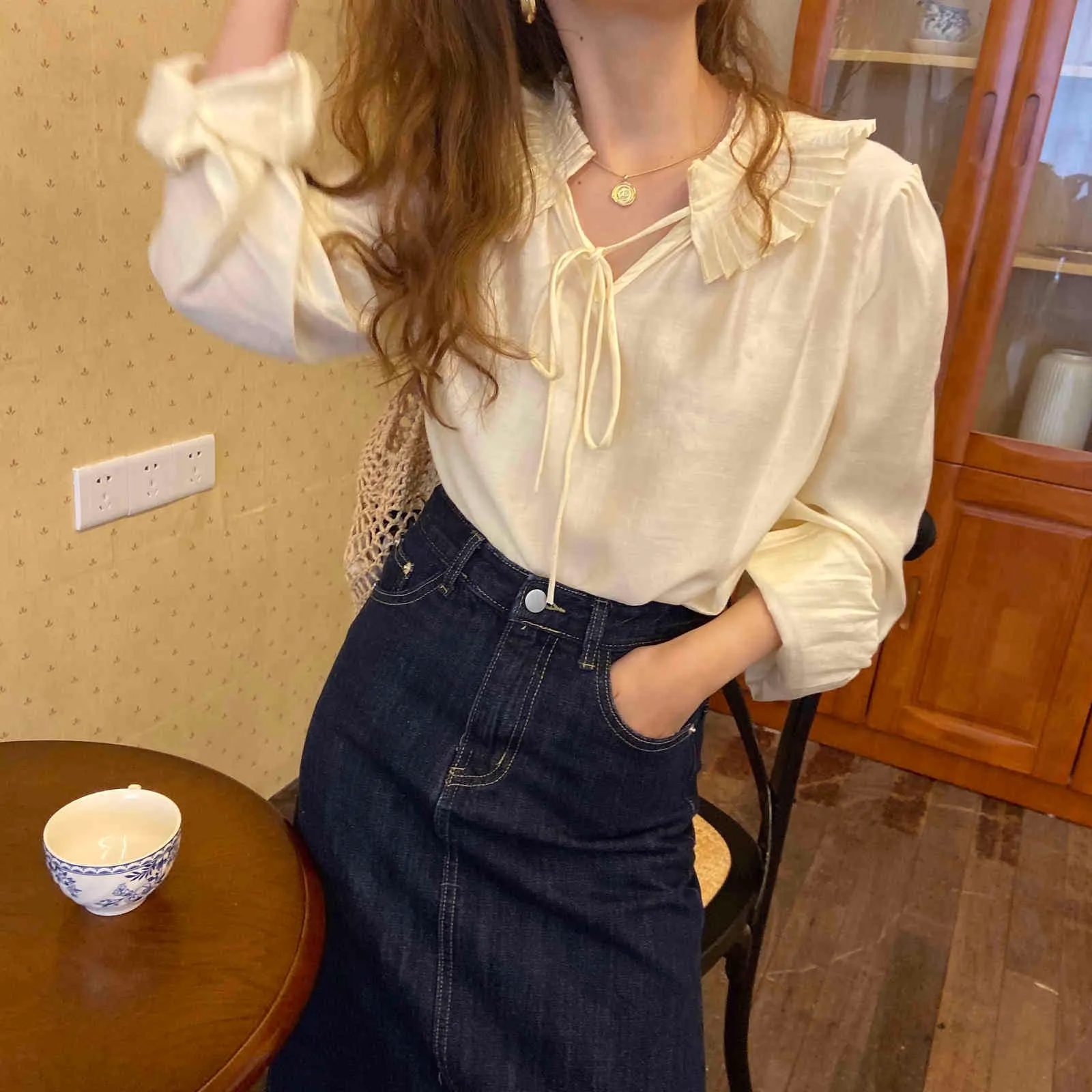 Chiffon Female Tops Solid Retro Chic Office Lady Vintage Loose Fashion All Match Streetwear Shirts Blouses 210525