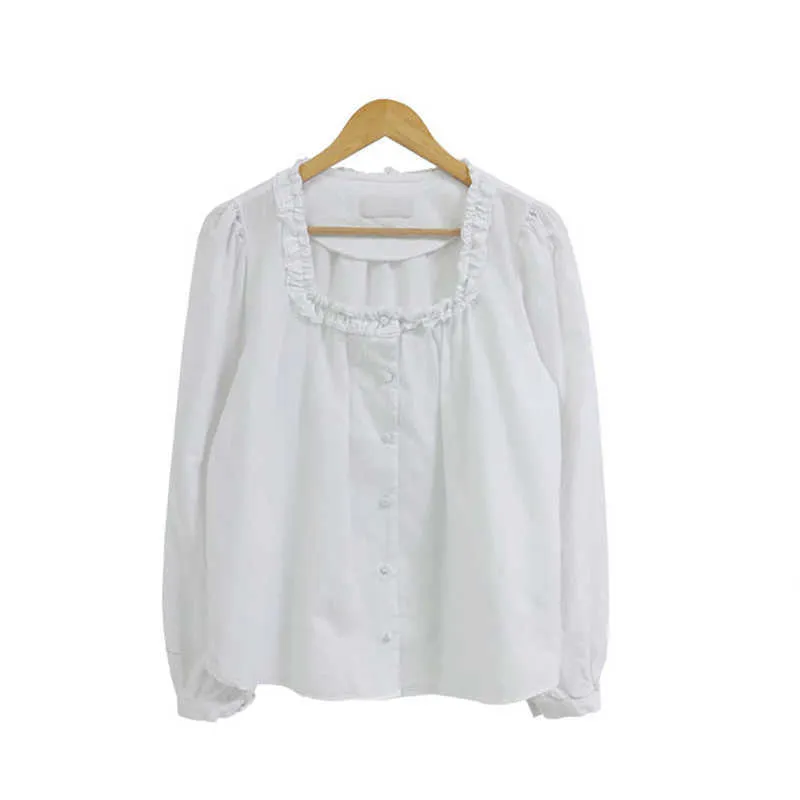 Shintimes comestible arbre champignon bouton chemise blanche automne col carré à manches longues femmes hauts vêtements coréens Chemisier Femme 210615