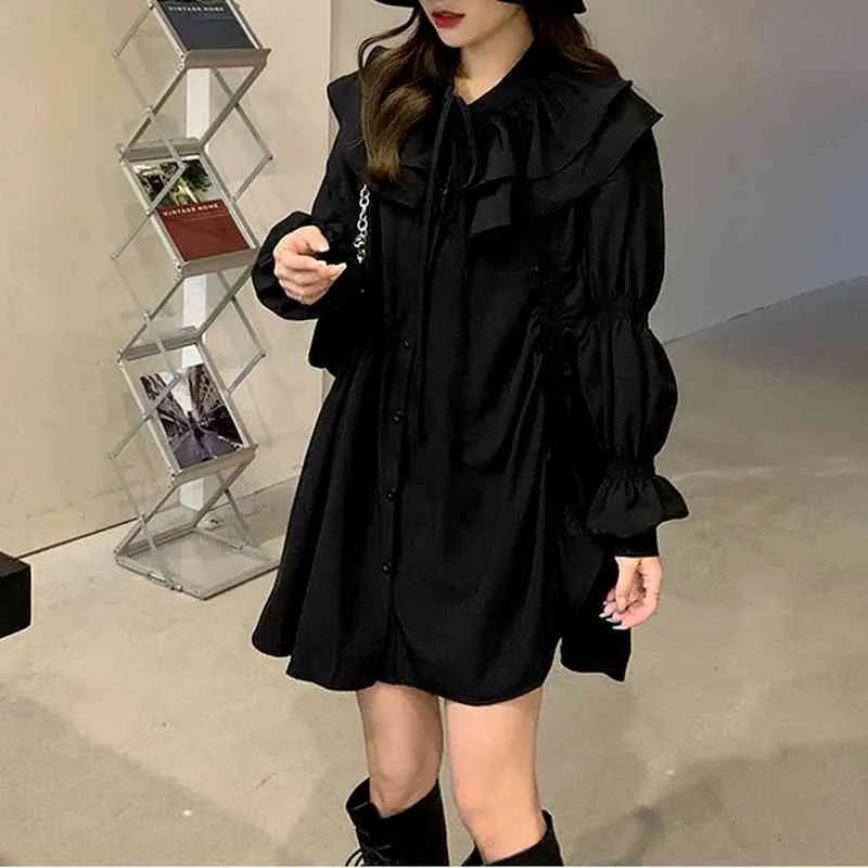 Ezgaga Dress Women Turn-Down Collar Long Sleeve Lace Up Loose Korean Chic Spring Fashion Solid Streetwear Dresses Casual 210430