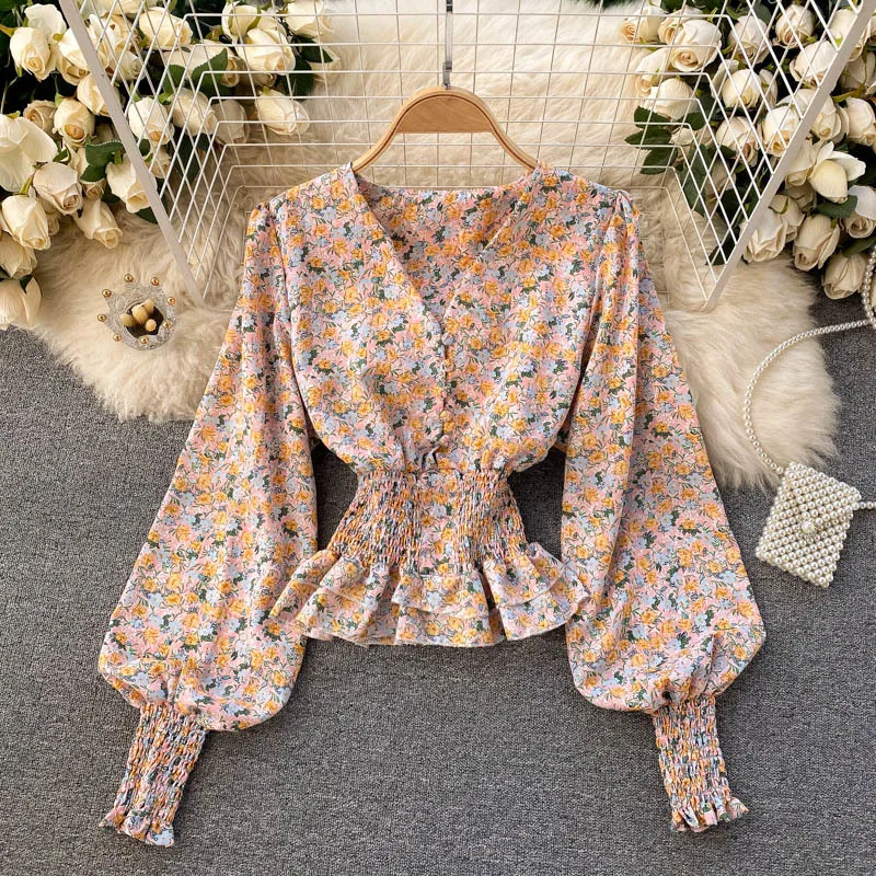 Elegant retro sweet gentle floral blouse women shirt cross V-neck tops puff sleeve elastic waist 210420