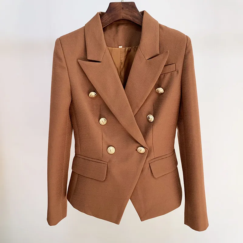 2021 осень осень с длинным рукавом, отворотный шоколад сплошной цвет тонкие металлические пряжки двубортные пиджаки элегантные высококачественные валики нежилые пальто 21o13201