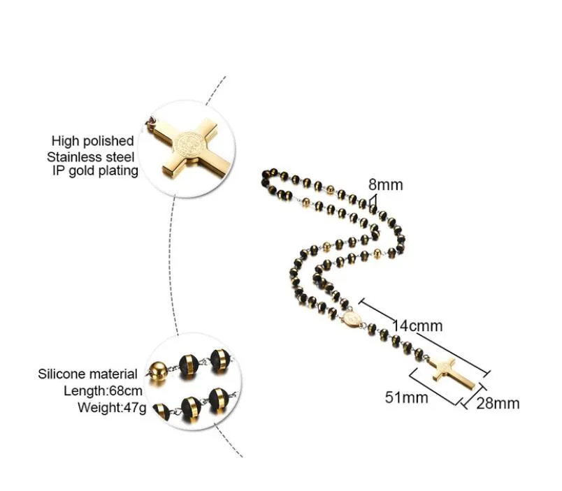チェーン30 8mmステンレススチールロザリオビーズネックレス黒と金の色と聖なるイエスキリスト十字架クロスペンダントhip-H283a