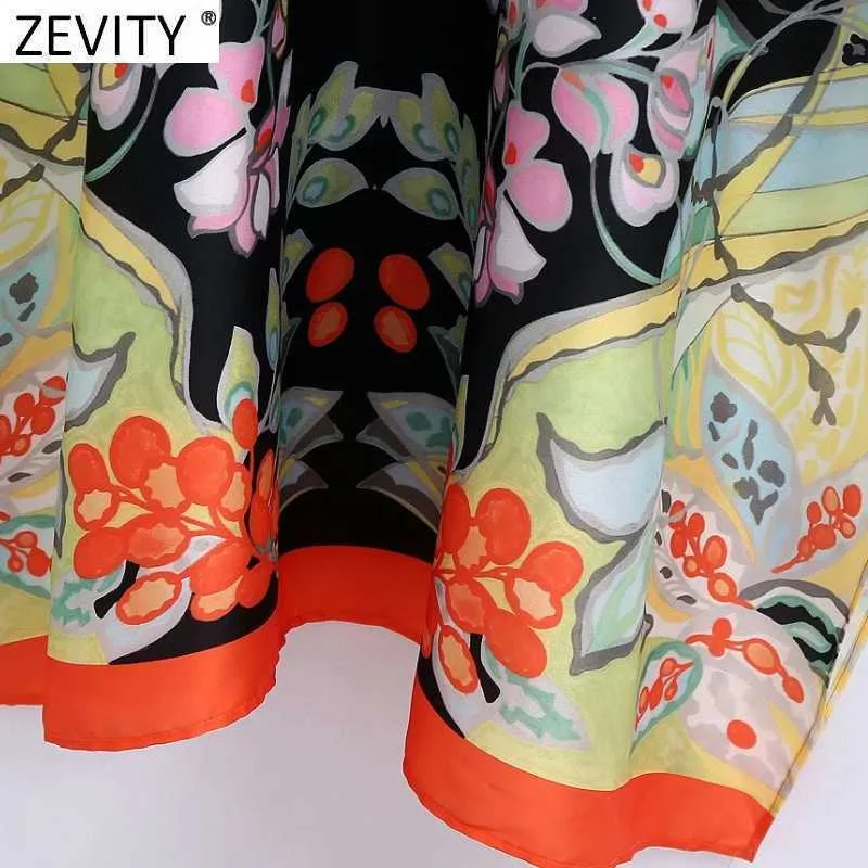 Zevity Mujeres Vintage V Cuello Posición Estampado floral Vestido midi suelto Mujer Chic Batwing Manga Lado Split Kimono Vestidos DS8267 210603