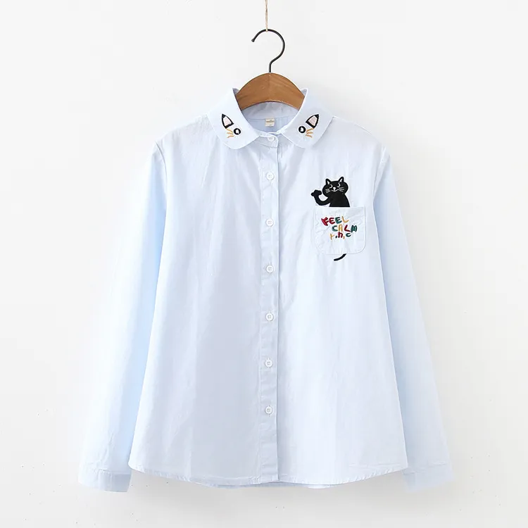 HSA Blusas de dibujos animados Camisas de mujer CAT Tops Casual Algodón Manga larga Azul Oficina Lady Blusas Outwear suelto Primavera 210430