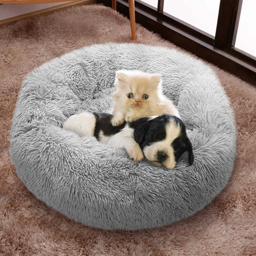 Runda mjuka kattbäddar hus långa plysch husdjur hund säng husdjur produkter kudde katt säng kattmatta djur sova soffa för hundar korg 210722