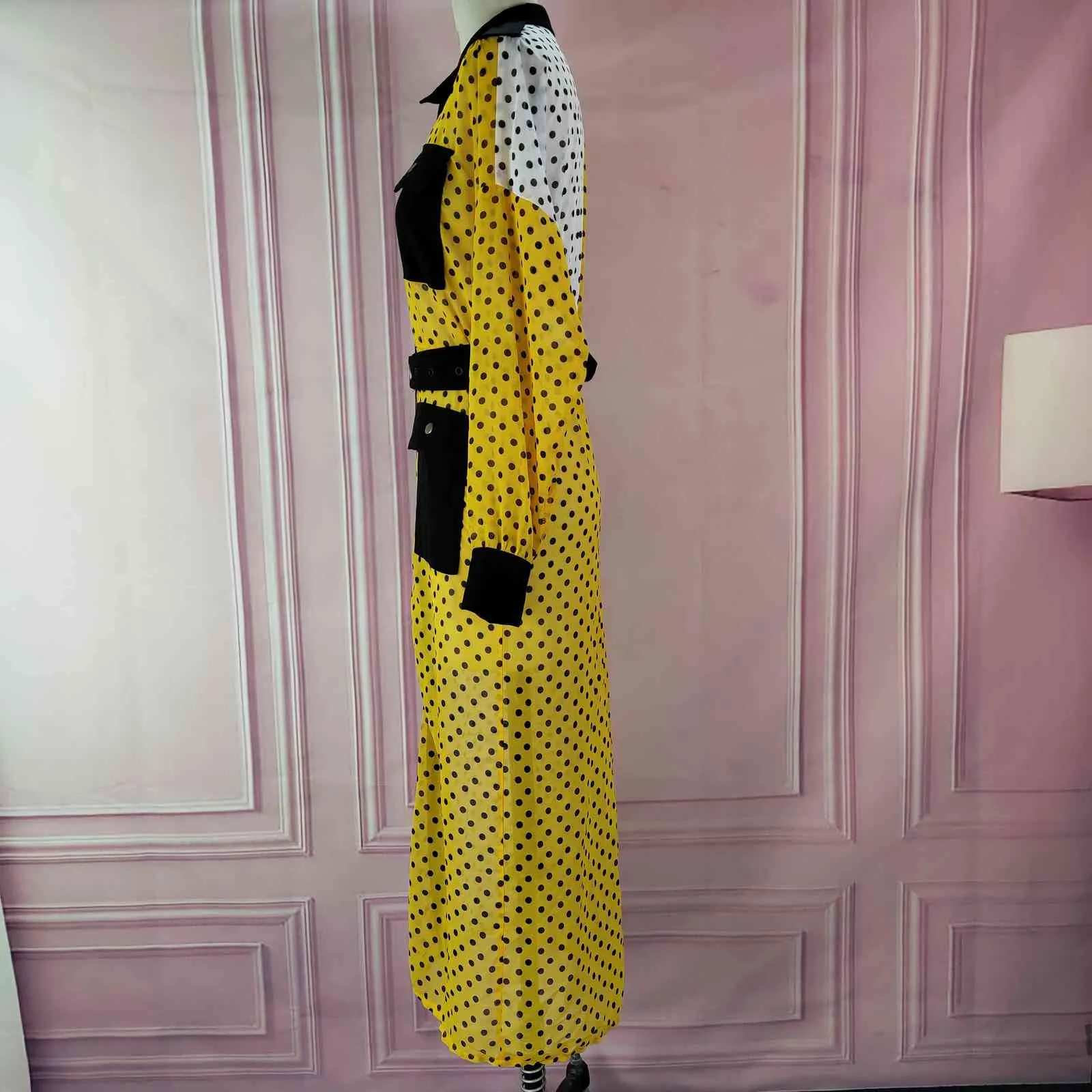 Women Long Shirt Dress Yellow White Patchwork Polka Dot with Pockets Waist Belt Chiffon Autumn Female Robes Tunics Plus Size XL 210416