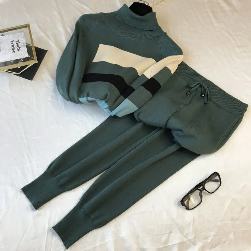 Alta Qualidade Duas peças Set Mulheres Tracksuits Turtleneck Pullover Sweater + Calças 2 Conjuntos Calças De Roupas Suites 210514