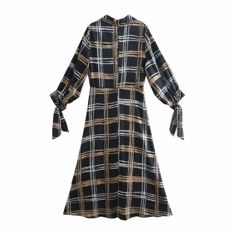 Black Plaid Shirt Long Dress Women Autumn Bow Tied Puff Sleeve Midi Woman Vintage Button Casual es 210519