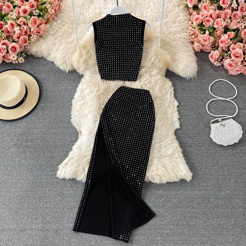 Frau Sexy Club Party Zwei Stück Sets Kleidung Sommer Diamant Stehkragen Crop Tops Hohe Taille Wrap Rock Outfits anzüge 220302