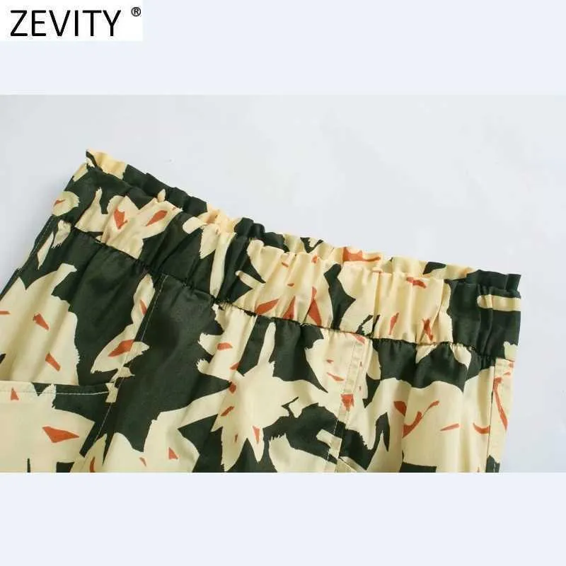 Zevity女性の熱帯の葉プリントフリル足首長さのハーレムパンツ女性シックな弾性ウエストポケットカジュアルなズボンP1006 210603