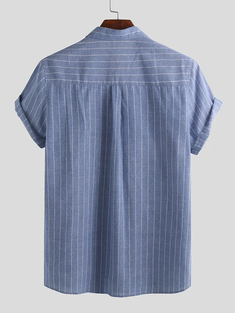 Mode Diagonal Stripes Sommar Mens Shirt Casual Button Up T Shirts För Män Med Fram Ficka Social Daily Streetwear Man 210524