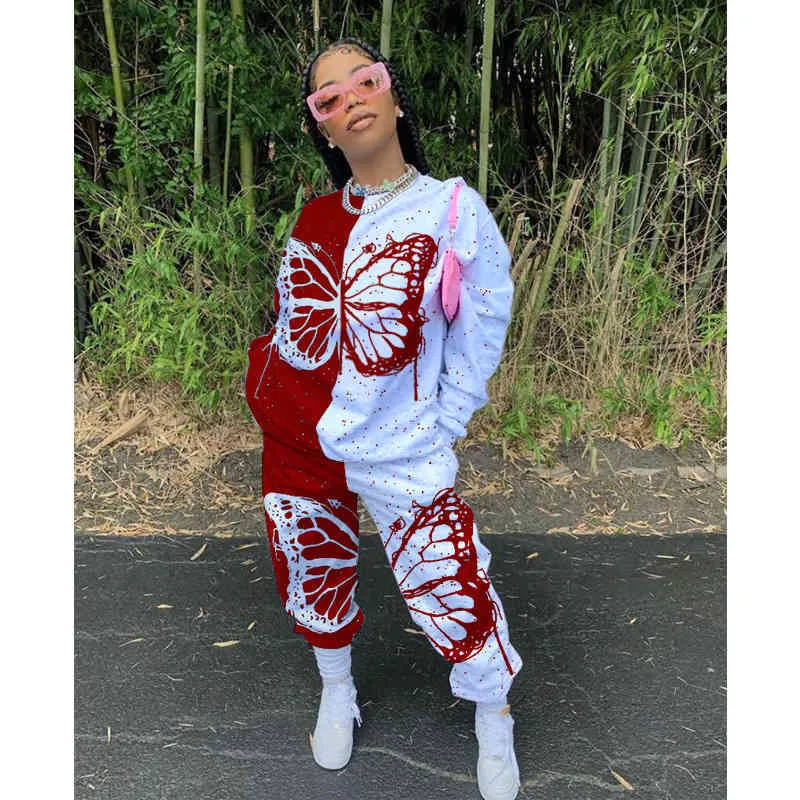 Wholesale Product Trendy Chic Printed Cool Girl Track Suit Women Matching Sets BF Style Sweatshirt Top Baggy Pants 210525