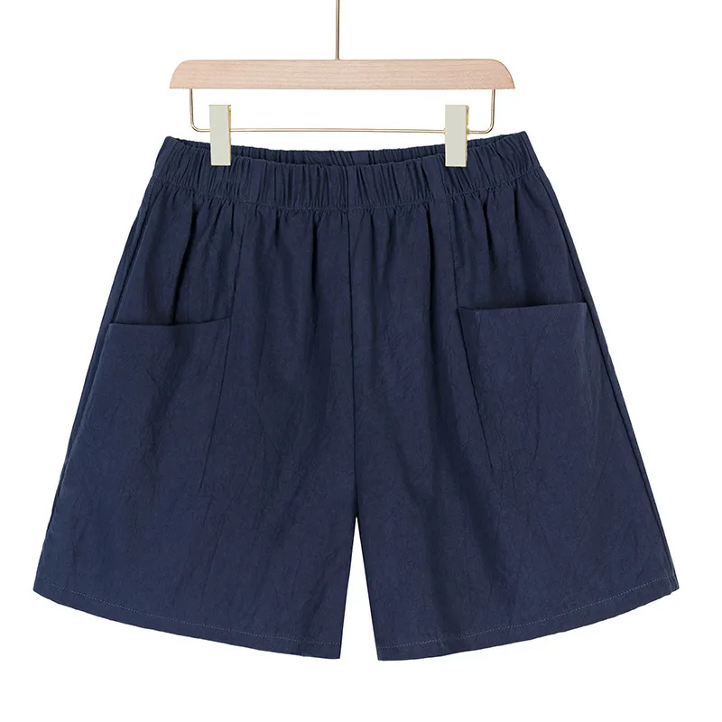 Kvinnor Sommar Shorts Casual Solid Bomull Linen Elastisk Midja Två Fickor För Flickor Mjuk Kvinna S-XXL 210524