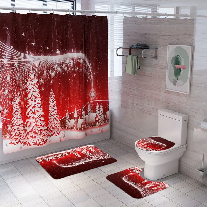 Joyeux Noël salle de bain bonhomme de neige père noël motif d'élan ensemble de rideau de douche imperméable tapis de couverture de toilette tapis antidérapant décor à la maison 5623519